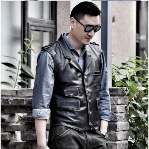 Men Suit Casual Leather Vest Genuine Cowhide Slim Fit Leather Waistcoat Size M