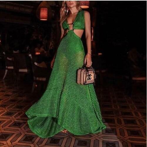 2020 New Fashion Womens Summer Solid Sleeveless Beach Bohemian Style Halter V-Neck See-through Maxi Long Sundress