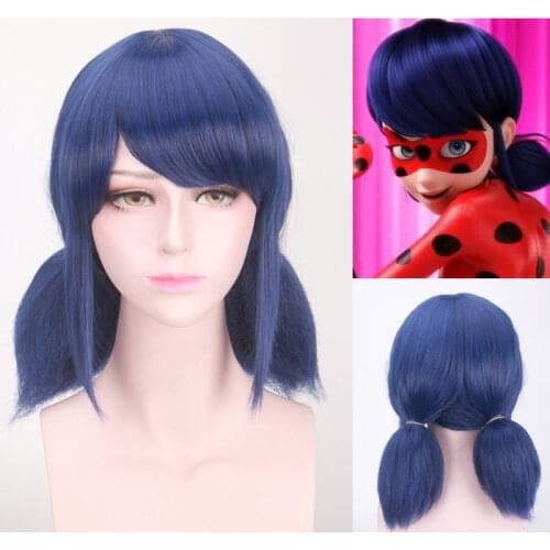 Anime 35CM LB Wigs Peluca Marinette Girls Women Cosplay Double Ponytail Braids Short Straight Wig Blue Hair