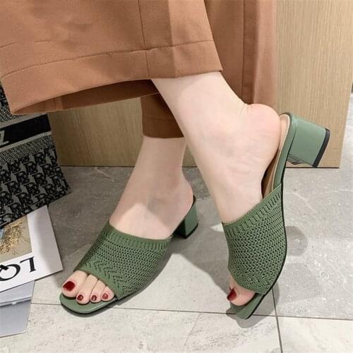 Sandals Women Shoes Women Mules Slides Peep Toe Square High Heels Sandals Female Shoe 2021 Summer Casual Square Heel Slippers