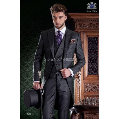 Custom Morning Style Groom Tuxedos Grey Best man Groomsman Suit Mens Wedding Suits Bridegroom Tailcoat (Jacket+Pants+Tie+Vest)