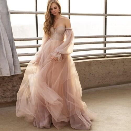 BOHO Skin Pink Wedding Dress 2021 Robe De Mariée With Detachable Puff Long Sleeves Vestido De Noiva Garden Country Bridal Gowns