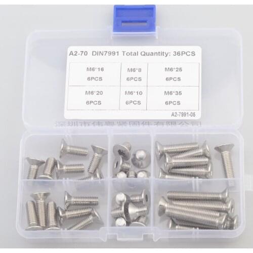 36pcs M6 mm flat head countersunk head grade 10.9 304 stainless steel Hex Socket Head Cap Screw DIN7991 Screws
