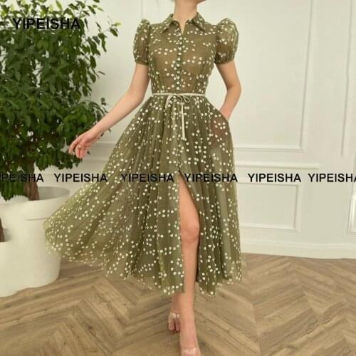 Yipeisha Hunter Green Cocktail Dresses Short Sleeves A-line Party Dress Tea-length Tulle Vestido de Festa Curto Plus Size