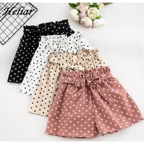 HELIAR Polka Dots Shorts Femme Solid Lady Hot Short Bow Knot Panties Elastic Shorts Beach Femme With Belts 2019 Summer Shorts