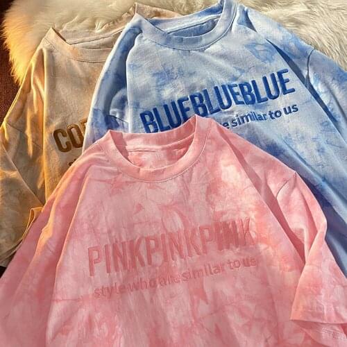 Women Short Sleeve T Shirts Oversized Tie Dye Letter Embroidery Hip Hop Loose Korean Style All Match Students Simple Chic