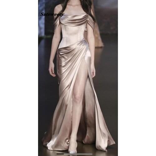 Champagne Prom Dresses 2020 Mermaid Satin Slit Floor Length Long Prom Gowns Elegant Evening Dresses