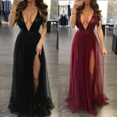 Womens Deep V Neck Sleeveless Elegant Formal Prom Long Maxi Cocktail Party Ball Gown Bandage Blackless Dress Red Black XL