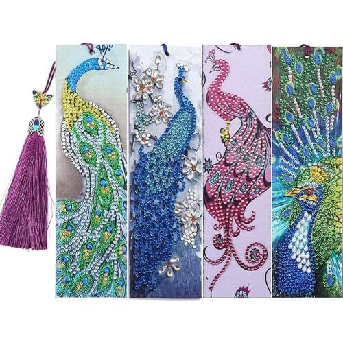 5D Diamond Painting Bookmarks Peacocks 4 Pack Kits for Adults DIY Bookmarks with Tassel Special Shape Diamonds Partial Drill
