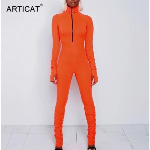 Articat Turtleneck Zipper Skinny Jumpsuit Women Long Sleeve One Piece Neon Orange Bodysuit Female Running Fitness Outfits