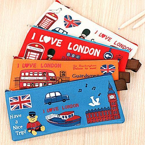 Students Pencil Bag Pen Case Cartoon London Style Zipper Cosmetic Pouch Coin Purse