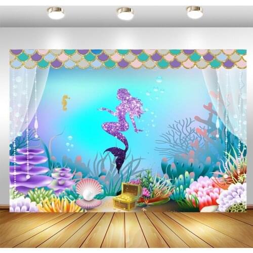Little Mermaid Backdrop Curtain Under The Sea Girls Happy Birthday Party Custom Photo Background Studio Props Decor Banner