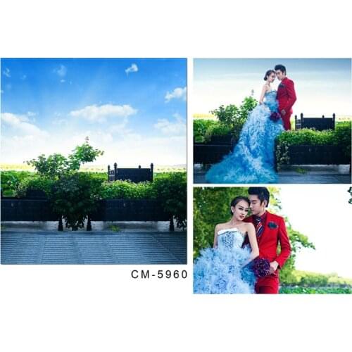 Photographic Backdrops 5x7 Long Chair Under Cloudy Blue Sky and Green Bloom Trees For Wedding Photo Shoots Backdrops for Studio