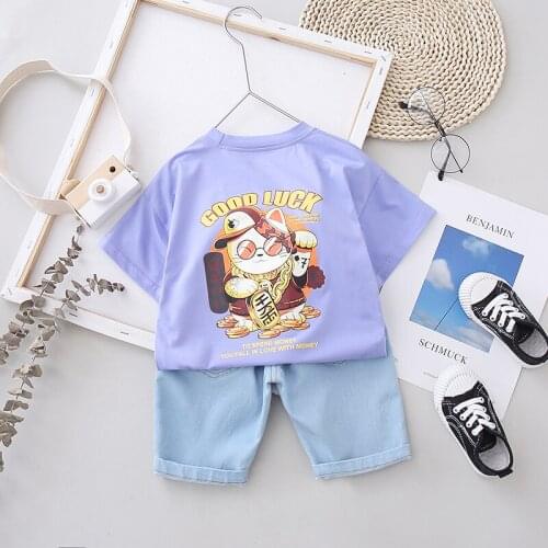 Baby Boys/Girls Kids Clothes Set Summer Fortune Cat Printed Cotton Short Sleeve T-Shirt+Denim Shorts Suit Toddler Boy Clothing