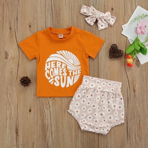 3Pcs Toddlers Summer Outfit Letters Print Short Sleeves T-Shirt + Daisy Pantie + Hairband for Baby Girls 0-24 Months