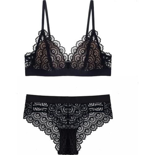 Sexy Hollow Lace Triangle Cup Bra and Panties Set Wire Free Underwear Women Lingerie Lace Bralette Set