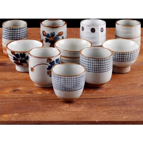 Creative Retro Japanese Style Ceramic Soup Cup Coarse Pottery Hand Painted Lattice Pattern Teacup Coffee Cup Wine Cups Drinkware