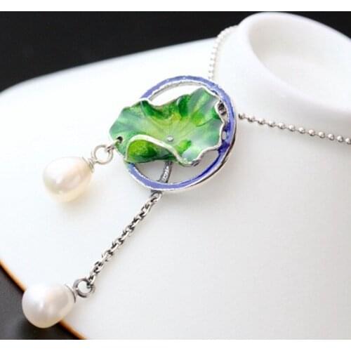 100% Real s925 pure silver inlaid jewelry natural pearl pendant female cloisonne lotus leaf vintage Thai silver woman pendant