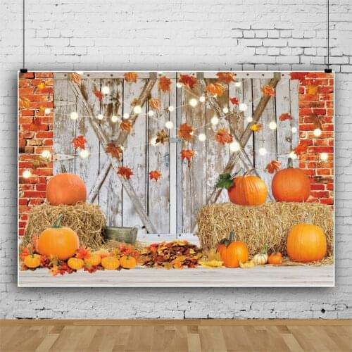 Laeacco Pumpkin Old Wooden Door Background Autumn Maple Leaf Brick Wall Light Decor Child Photocall Poster Photographic Backdrop