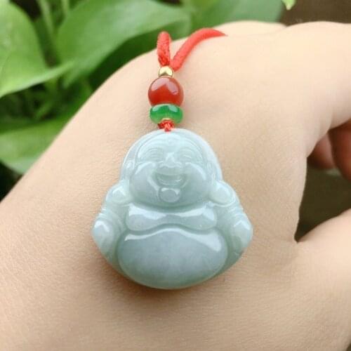 Fashion Emerald Jade Buddhism Pendant Necklace Jewellery Chinese Hand-Carved Healing Women Man Luck Gift Sweater Chain