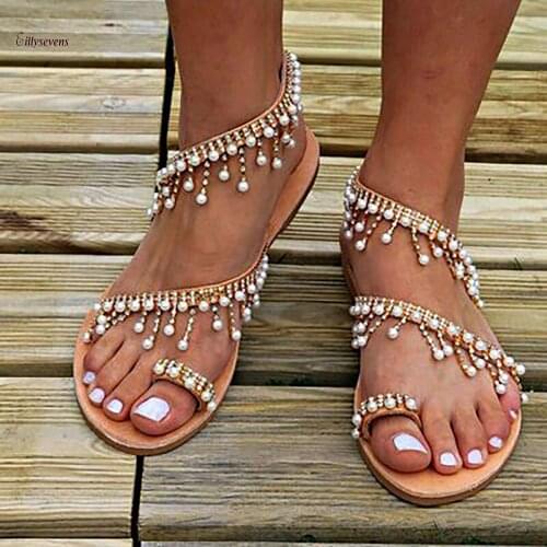 Fashion Pearl Women Sandals Beaded Sandals Summer Shoes Party Sexy Pearl Flat Bottom Women Sandals Chaussure Femme