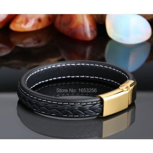 Black Genuine Leather 12mm Gold Stainless Steel Fashion Mens Bracelet 8.26" best gift for friends