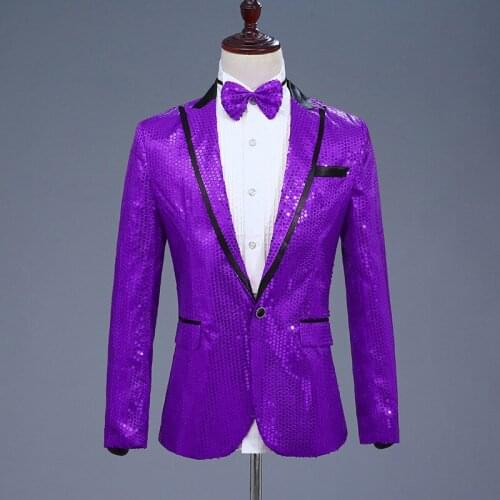 Mens Shiny Purple Sequin Jacket Men Nightclub DJ Prom Suit Blazer With Tie Men Wedding Party Dance Stage Costumes for Singer XXL