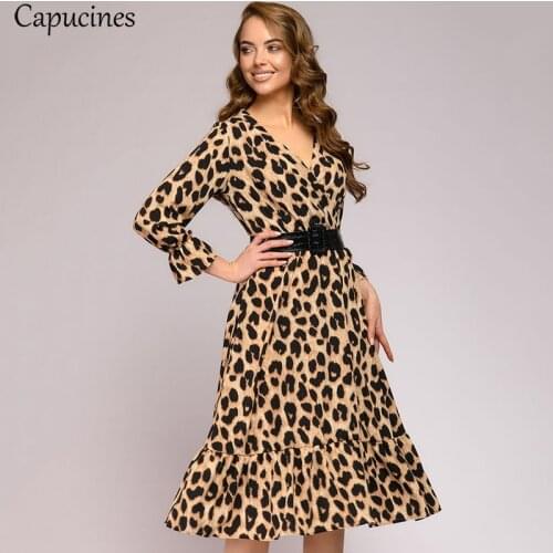 Capucines Sexy V neck Leopard Print Woman Dress Autumn Flare Sleeve Ruffle Hem Elegant Vintage Party Dresses For Women(No Blet)