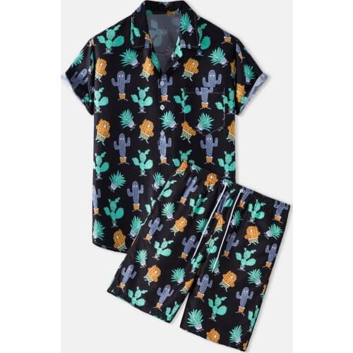 Beach Mens Sets Cartton Printed Short Sleeve Button Shirt Shorts Fir Men Streetwear Casual Men Hawaiian Suits Ensembles Homme