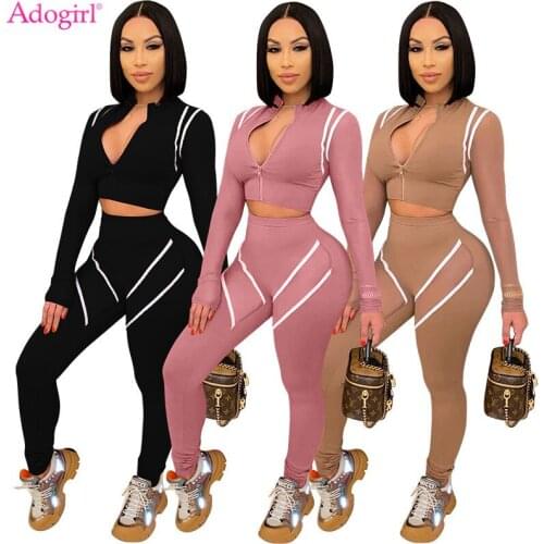 Adogirl Striped Sheer Mesh Patchwork Sportswear Two Piece Set Long Sleeve Zip Crop Top Skinny Pants Autumn Casual Outdoor Set
