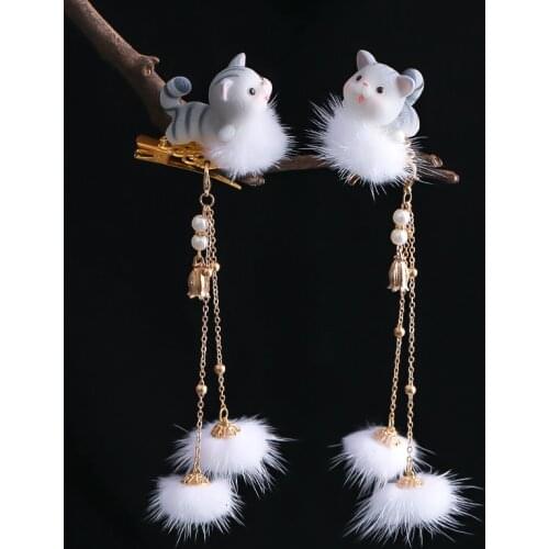 2 Pcs Cute Cat Hairgrips For Baby Girls Women With Tassel Hairball Pearls Hair Clips Lovely Fashion Hair Accessories