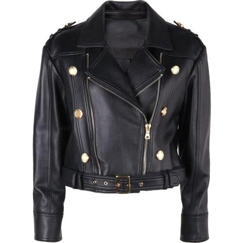 YOLOAgain Women Double Breasted Genuine Leather Jacket Ladies Black Leather Coat