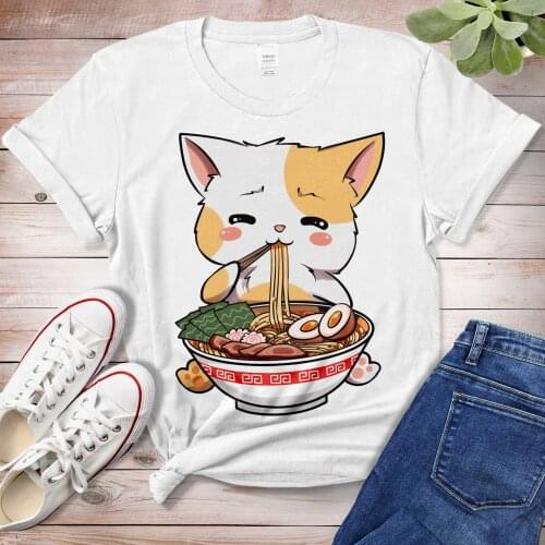 Harajuku Top Women T-shirt Cat Ramen Print Casual Ladies Basic O-collar Short Sleeved Women T-shirt Girl,Drop Ship