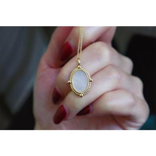 18K Import Solid Yellow Real Gold Jewelry(AU750) Women Magic Mirror Ins Style White Shell Mosaic Necklace Pendant Fashion Lady