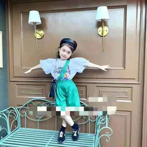 2-7 Years Toddler Girls Clothes Suit Summer Kids Baby Cartoon Fashion Sets Puff Sleeve Print Tops Suspender Shorts Girls 2pcs