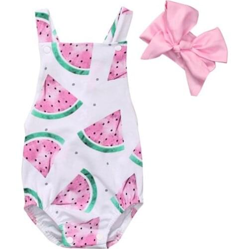 Watermelon Print Lovely Cute Newborn Baby Girl Sleeveless Square Collar Bodysuit Playsuit Headband 2PCS Outfit Summer Party