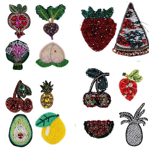 Beaded Rhinestones Lemon Cherry Kiwi Watermelon Fruit Embroidery Pineapple Strawberry Patch Sew on Kids Clothes Applique Badge