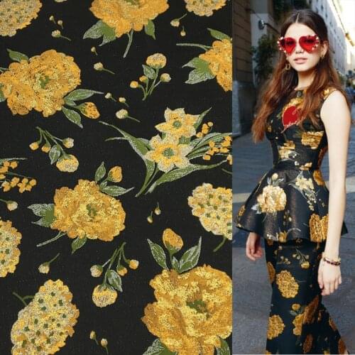 Black Background Gold Thread Embroidered Flower Jacquard Fabric For Dress Fashion Polyester Fabrics Costura Vestidos Cloth Telas