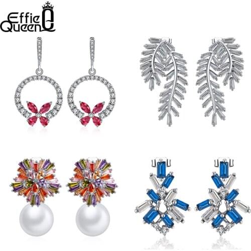 Effie Queen Beautiful Silver Color Dangle Earrings Round Circle Flower Blue and Red Color Color Cubic Zirconia Earring DE172