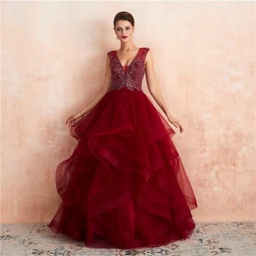 Elegant Wine Organza with Beading Deep V-Neck Sleeveless Evening dress Vestido longoSerene hill Robe de soiree Ever pretty59362