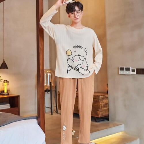 Cotton Autumn Winter Men Pajamas Set Thick Warm Long Sleeve Loungewear Plus Size O-Neck Men Homewear Cute Lamb Cartoon Sleepwear