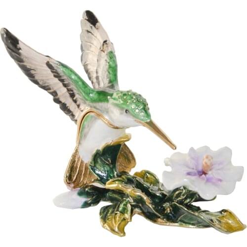 Hummingbird at Flower Pewter Metal Alloy Crystals Bejeweled Trinket Jewelry Box Bird Figurines