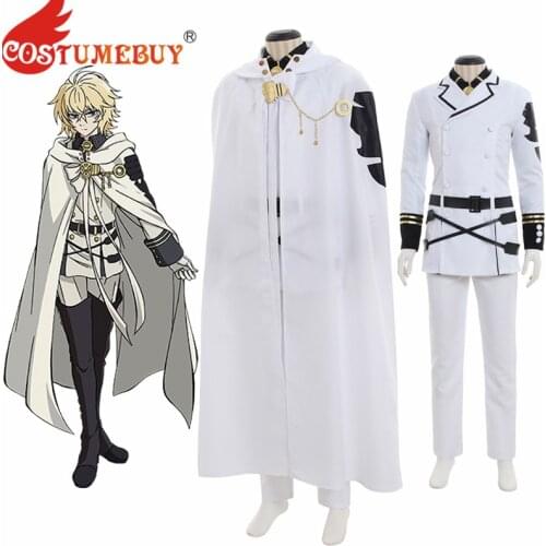 Costumebuy Seraph of the End Mikaela Hyakuya Cosplay Costume Adult Men Uniform White Suit Cloak Halloween Outfits Custom Made
