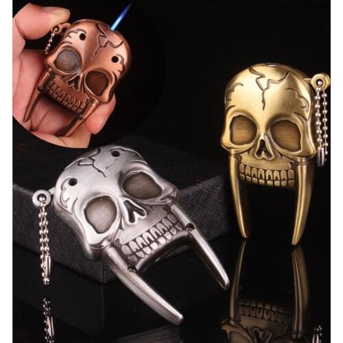 Cool Metal Skull Shape Butane Torch Lighter Windproof Jet Keychain Gas Cigar Lighter with Broken Window Cone Gadgets for Men