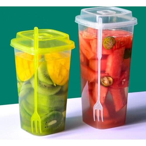 50 sets Net red 700ML square plastic cup disposable milk tea cup birthday party transparent packaging cups with lids and fork