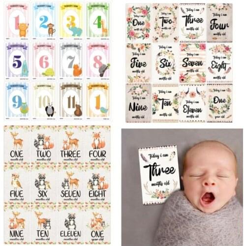 Cute 12 Sheet Baby Monthly Milestone Cards Birth to 12 Months Photo Prop Moment Cards