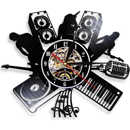 DJ Melody Singer Rock and Jazz Band Silhouette Vintage Vinyl Record Clock Led Night Light Wall Hanging Watch Music Instruments