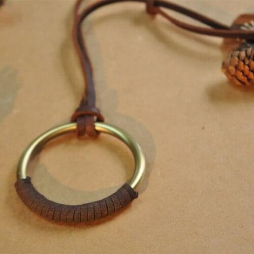 NIUYITID Long Rope Chain Statement Necklace For Women Men Circle Pendant Genuine Leather Collare Brown Color Drop Ship