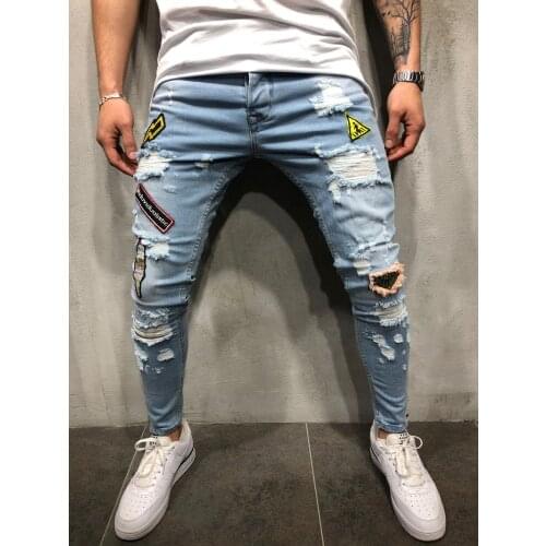 2021 new Men Ripped Distressed Slim Fit Elastic Stretch Patches Male streetwear hiphop Hole Denim Pants Biker denim trousers