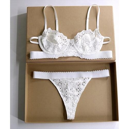 New womens lingerie brifes thin section pure color soft lace bra set with steel ring sexy chest small french white underwear set